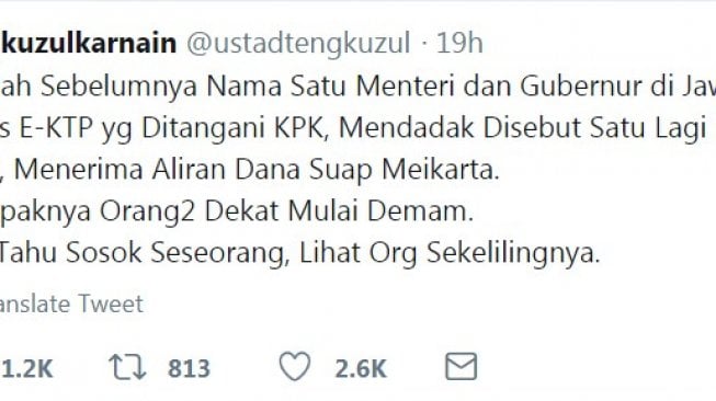 cuitan tengku zulkarnain terkait tuduhan gubernur jabar terlibat suap meikarta. (@ustadtengkuzul)