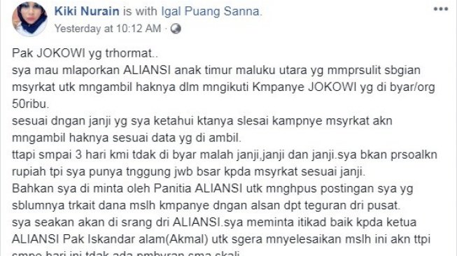 Bidik layar tulisan soal ongkos kampanye yang diunggah Kiki Nurain di akun FB pribadinya. (istimewa)