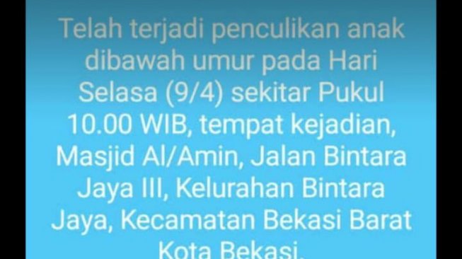 Bidik layar terkait kasus penculikan balita Anisa di bekasi. (sumber ibu korban,Aprilina Lestari)