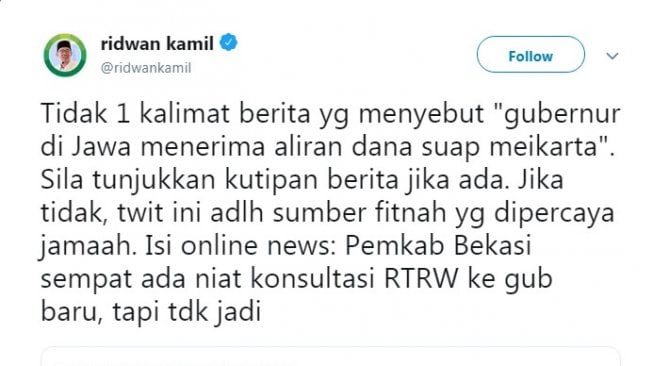 cuitan Ridwan Kamil menanggapi tuduhan Tengku Zulkarnain. (@ridwankamil)