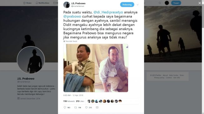 Diduga Diretas, Akun JS Prabowo Unggah Email tentang Curhatan Anak Prabowo