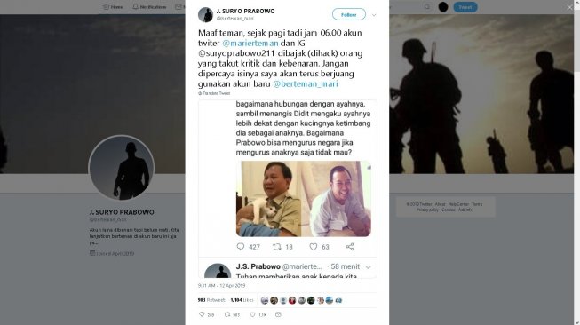 Klarifikasi diretasnya akun JS Prabowo - (Twitter/@berteman_mari)