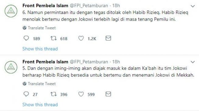 Kicauan akun @FPI_Petamburan soal penolakan Habib Rizieq bertemu Jokowi. [Twitter]