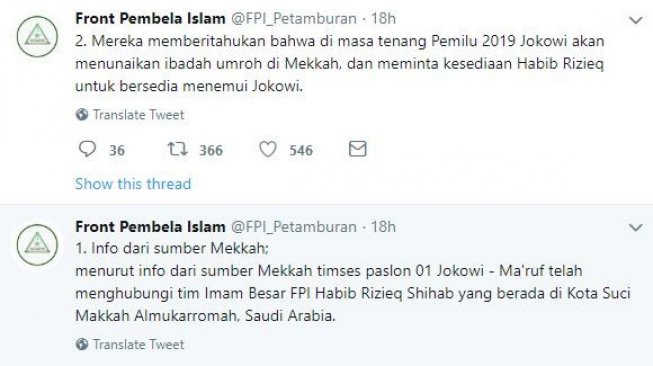 Kicauan akun @FPI_Petamburan soal penolakan Habib Rizieq bertemu Jokowi. [Twitter]