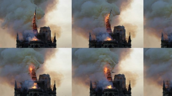 Kumpulan foto-foto Gereja Katedral Notre Dame di Paris terbakar pada Senin (15/4/2019). Dibangun pada 1163, gereja ini telah mengalami banyak perubahan dan mengalami masa-masa kelam. [AFP/Geoffroy van der Hasselt]