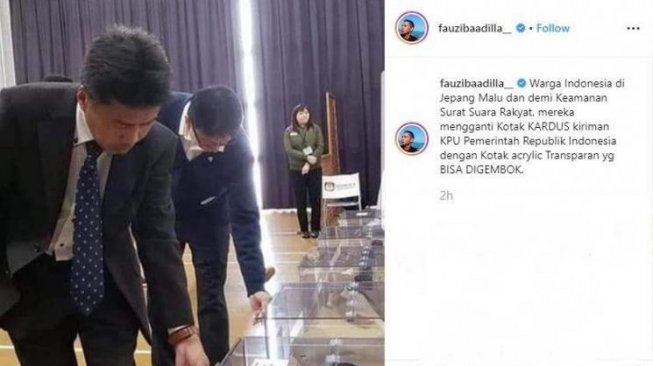 Fauzi Baadilla menunjukkan kotak suara di Jepang yang berbeda tampilannya. [instagram/fauzibaadilla_]