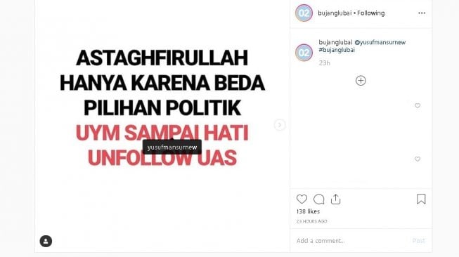 Ustaz Yusuf Mansur dituduh unfollow Ustaz Abdul Somad karena beda pilihan - (Instagram/@bujanglubai)