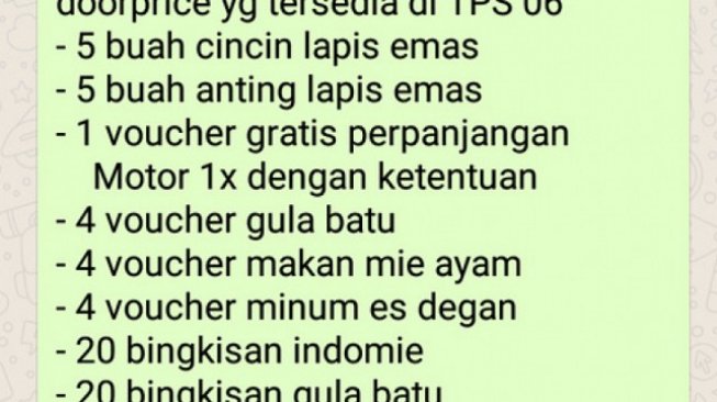 Pesan berantai ada TPS tawarkan doorprize cincin dan anting emas serta vocher. (Tangkapan layar WhatsApp)