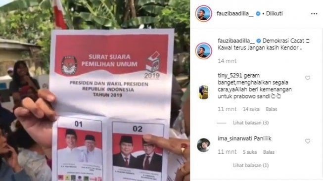 Fauzi Baadilla tunjukkan surat suara tercoblos di akun media sosialnya. 