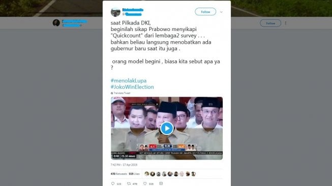 Unggahan warganet di Twitter berisikan video pidato Prabowo Subianto mengutip hasil quick count di Pilkada DKI Jakarta 2017. [Twitter/captured]