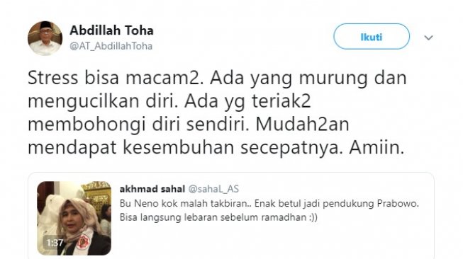 Pendiri PAN Abdillah Toha sindir Neno Warisman mengalami stress (Twitter)