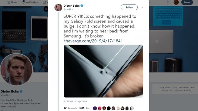 Samsung Galaxy Fold bermasalah. [Twitter]