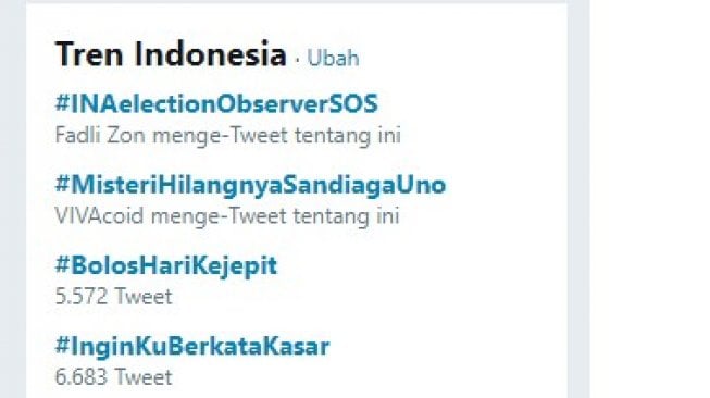 Tagar #MisteriHilangnyaSandiagaUno di Twitter