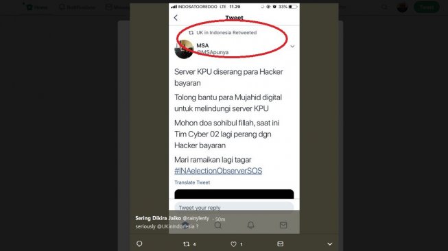 Cuitan yang di-retweet akun Twitter resmi Kedutaan Besar Inggris di Indonesia pada Kamis (18/4/2019) tentang serangan siber terhadap server KPU. [Twitter]