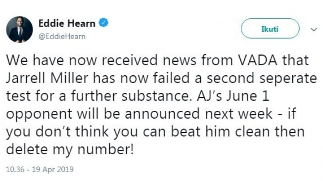 Promotor Eddie Hearn menginformasikan terkait calon lawan baru Anthony Joshua setelah Jarrell Miller tersangkut kasus doping. [Twitter@EddieHearn]