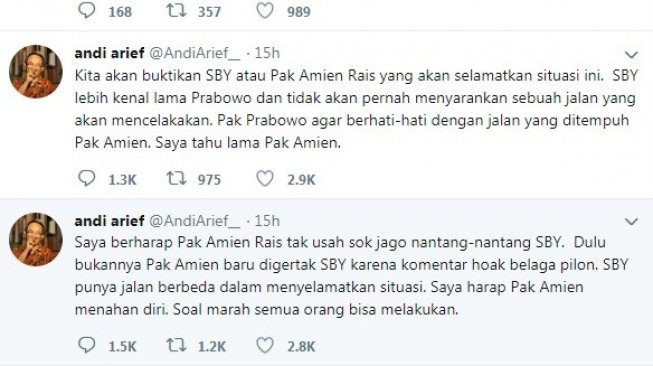 Ini dia kicauan Andi Arief di akun Twitternya menanggapi Amien Rais yang menyebut banyak tokoh main aman dan bimbang ambil keputusan. (Twitter/@@AndiArief_)