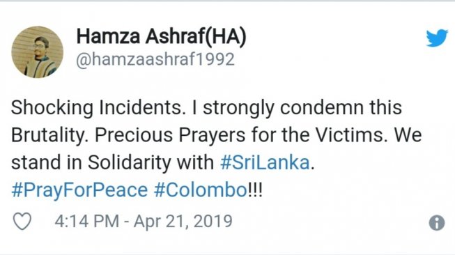 Tagar #PrayForSriLanka merajai Twitter. (Dok. Twitter/Ayeshamalika)