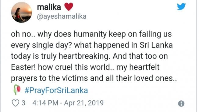 Tagar #PrayForSriLanka merajai Twitter. (Dok. Twitter/Ayeshamalika)