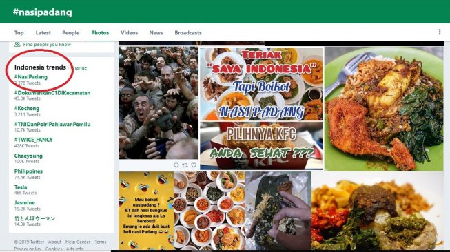 Topik nasi padang menguasai daftar trending topic Twitter Indonesia, Senin (22/4/2019). Nasi padang ramaii dibahas di Twitter menanggapi isu boikot makanan khas Sumatera Barat tersebut di media sosial. [Twitter]