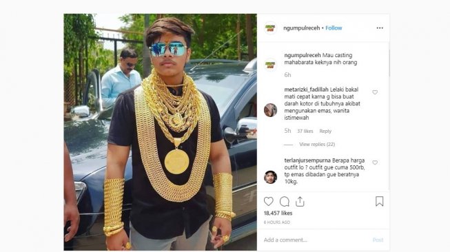 Lelaki viral karena gunakan perhiasan emas di sekujur tubuh. (Dok. Instagram/ngumpul receh)