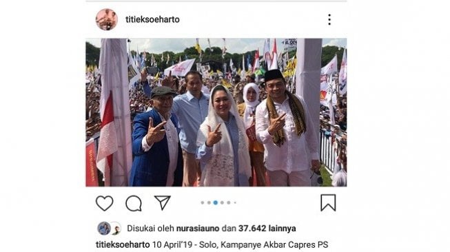 Unggahan Titiek Soeharto di akun Instagramnya @titieksoeharto. (Instagram / @titieksoeharto)