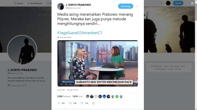 JS Prabowo menyebut media asing ramalkan Prabowo menang - (Twitter/@berteman_mari)