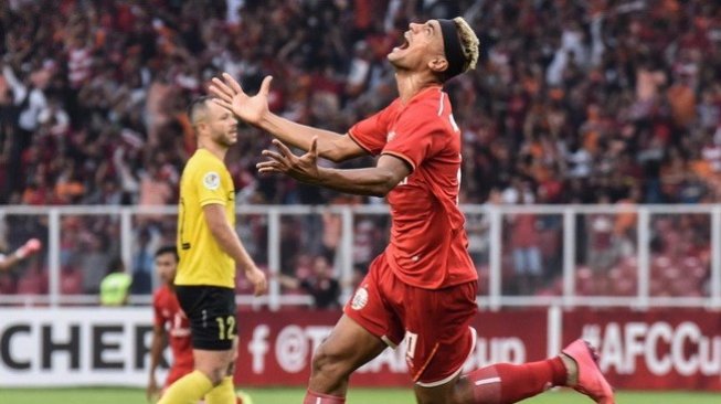 Selebrasi gelandang serang Persija Jakarta, Bruno Matos, usai menjebol gawang Ceres Negros pada matchday keempat Grup G Piala AFC 2019 di SUGBK, Senayan, Jakarta, Selasa (24/4/2019). [Dok. Media Persija]