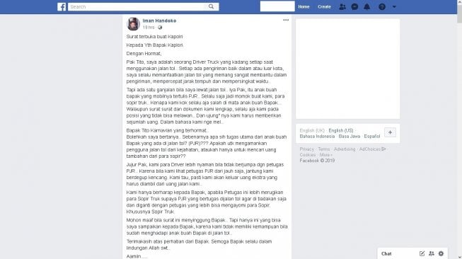 Surat terbuka dari sopir truk untuk Kapolri Tito Karnavian - (Facebook/Iman Handoko)