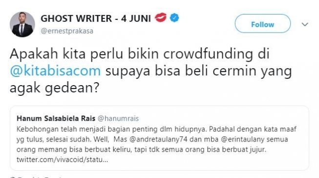 Ernest Prakasa mengomentari tanggapan Hanum Rais soal istri Andre Taulany. [twitter/ernestprakasa]