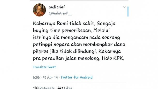 Cuitan Andi Arief soal Romahurmuziy alias Rommy. (Capture Twitter)