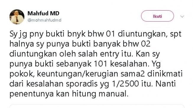 Mahfud MD: Prabowo dan Jokowi Diuntungkan Dengan Kesalahan Real Count KPU