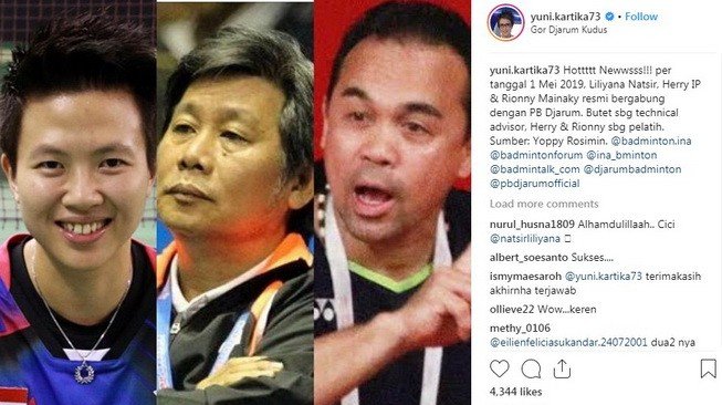 Postingan Humas PB Djarum, Yuni Kartika, terkait pengangkatan Liliyana Natsir, Herry IP, dan Rionny Mainaky sebagai technical advisor dan pelatih. [Instagram@yuni.kartika73]