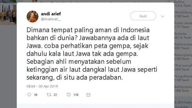 Rencana Pemindahan Ibu Kota, Andi Arief: Jawabannya Ada di Laut Jawa