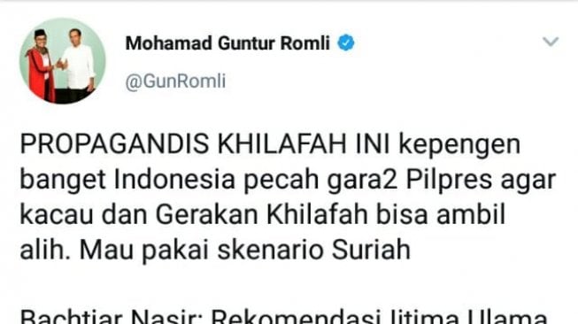 Bidik layar cuitan Jubir PSI Guntur Romli tanggapan Bachtiar Nasir. (sumber;@GunRomli).