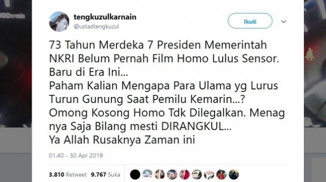 Cuitan Tengku Zulkarnain soal homoseksual. (Twitter)