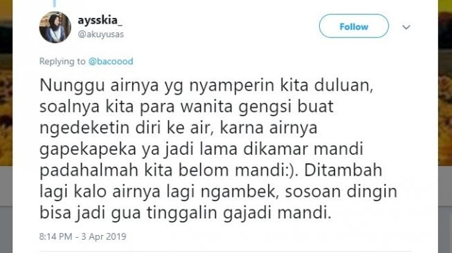 Cuitan warganet perempuan mandi lama. [Twitter]