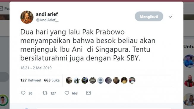 Bidik layar soal cuitan Andi Arief sebut Prabowo akan temui SBY. (sumber@AndiArief__)