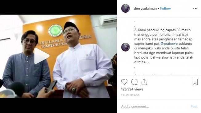 Ustaz Derry Sulaiman meminta Erin Taulany bersumpah soal akun Instagram diretas. [instagram/derrysulaiman]