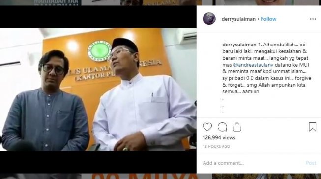 Ustaz Derry Sulaiman mengapresiasi permintaan maaf Andre Taulany melalui MUI. [instagram/derrysulaiman]