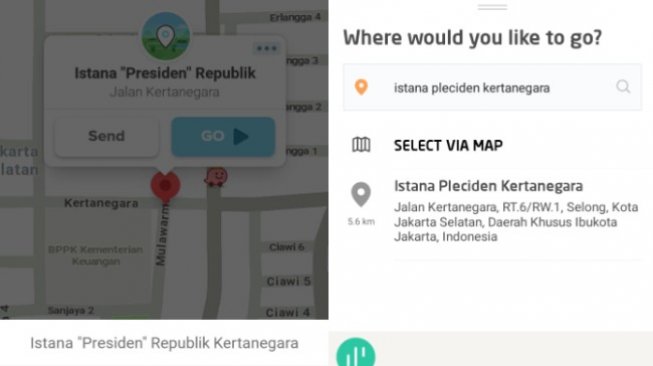 Nama rumah Prabowo di aplikasi perjalanan - (Dok. Waze/Dok. GoJek)