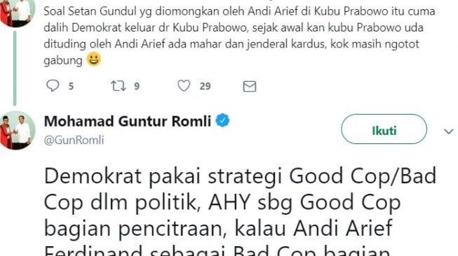 cuitan Guntur Romli di akun pribadi Twitter. (@GunRomli).