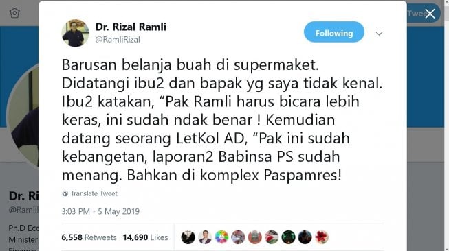 Kicauan Rizal Ramli - (Twitter/@RamliRizal)