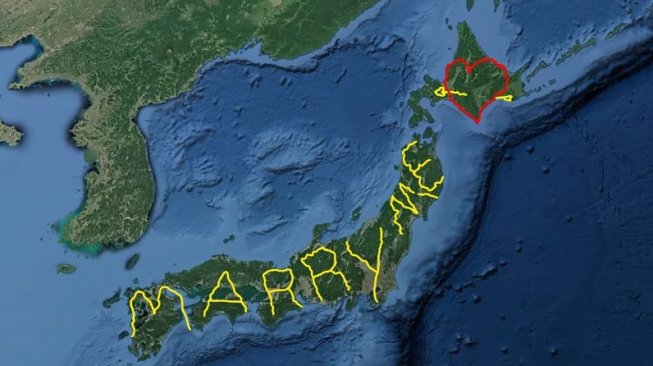 Pria keliling Jepang demi tulis ''Marry Me'' di Google Earth (youtube.com/Google)