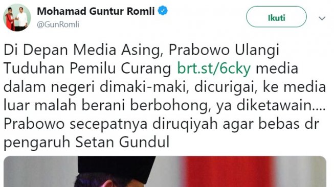 Guntur romli berkicau soal Prabowo Subianto. (Twitter @GunRomli).