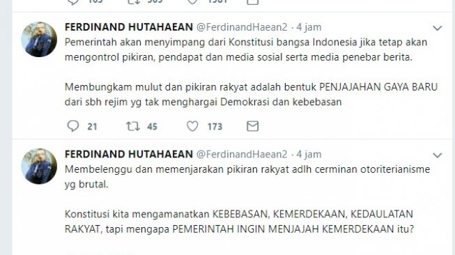 Politikus Partai Demokrat Ferdinand Hutahaean mengkrtik Menkopolhukam Wiranto. (@FerdinandHaean2).