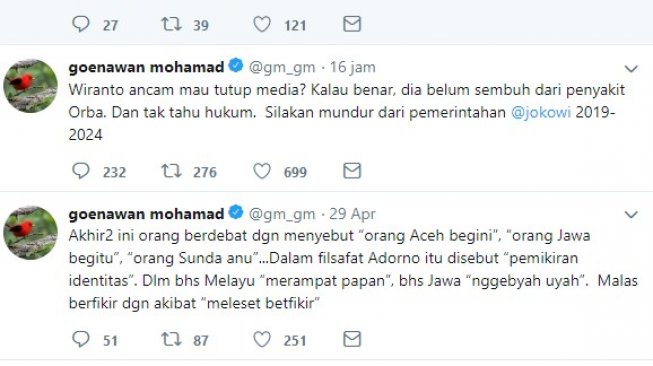 Goenawan Mohamad kritik wacana Wiranto untuk menutup media. (Twitter @gm_gm).