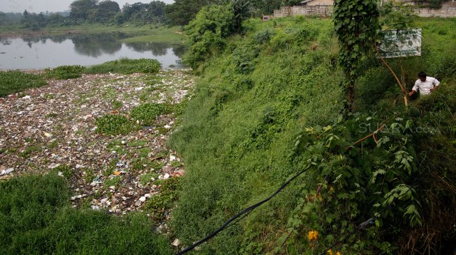 Situ Pengarengan yang dipenuhi sampah plastik dan gulma eceng gondok di Depok, Jawa Barat, Selasa (7/5). [Suara.com/Arief Hermawan P]