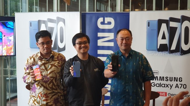 Peluncuran Samsung Galaxy A70 di Jakarta, Selasa (7/5/2019). [Suara.com/Dythia Novianty]