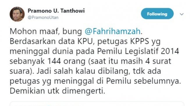 Komisioner KPU Pramono Ubaid Tanthowi bantah Fahri Hamzah. (Twitter @PramonoUtan)