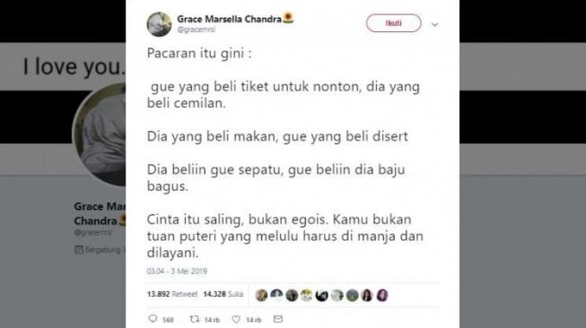 Cuitan tentang aturan pacaran ideal. (Twitter/@gracemrsl)